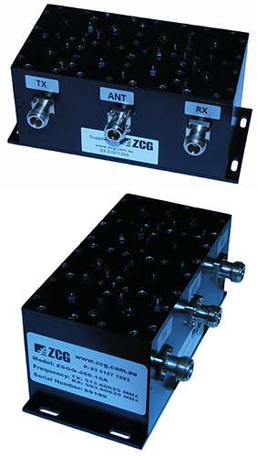 Compact UHF cavity bandpass duplexer, 380-520 MHz, 10MHz Tx/Rx separation, 80dB isolation,